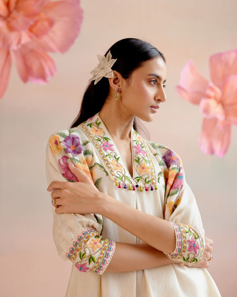 Iris ivory floral beadwork tunic with cutwork pants