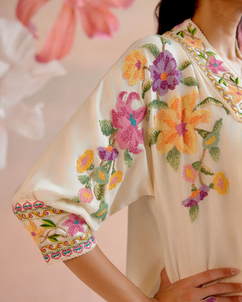 Iris ivory floral beadwork tunic with cutwork pants