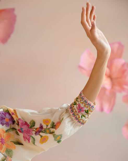 Iris ivory floral beadwork tunic with cutwork pants