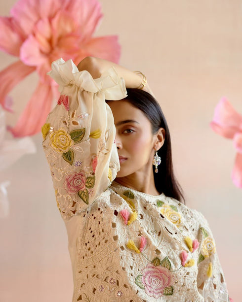 Iris ivory floral cutwork and beadwork kurta with bell bottom pants