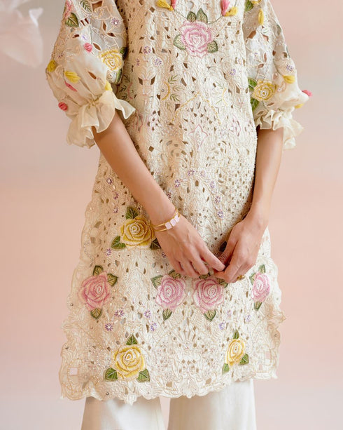 Iris ivory floral cutwork and beadwork kurta with bell bottom pants
