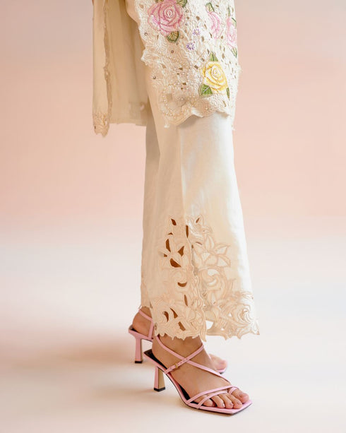 Iris ivory floral cutwork and beadwork kurta with bell bottom pants