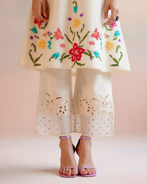 Iris ivory floral embroidered yoke detail kurta with pants