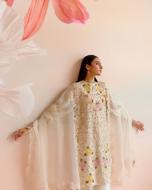 Iris ivory rose cutwork dupatta