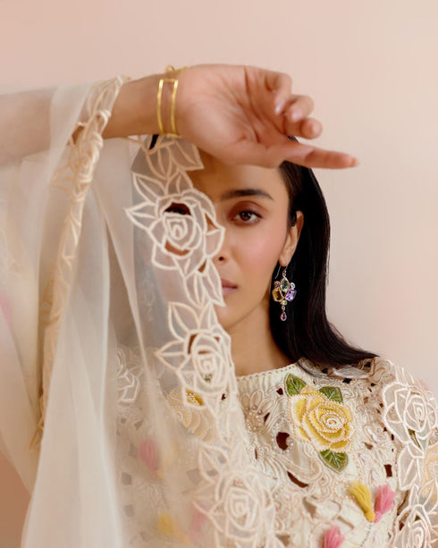 Iris ivory rose cutwork dupatta