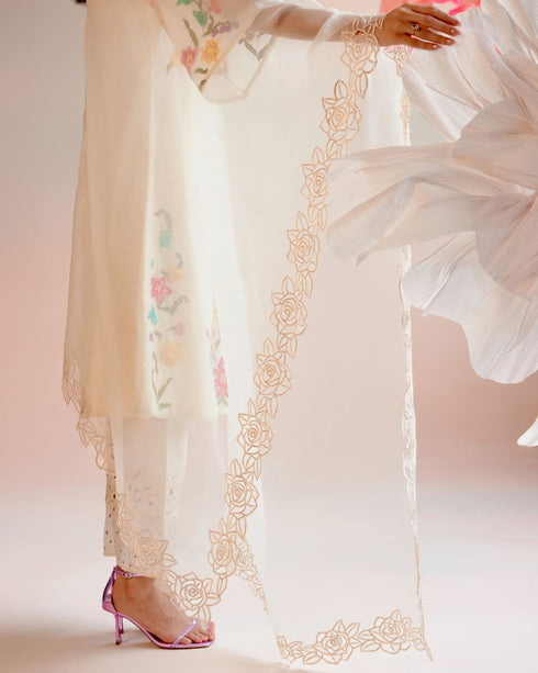 Iris ivory rose cutwork dupatta