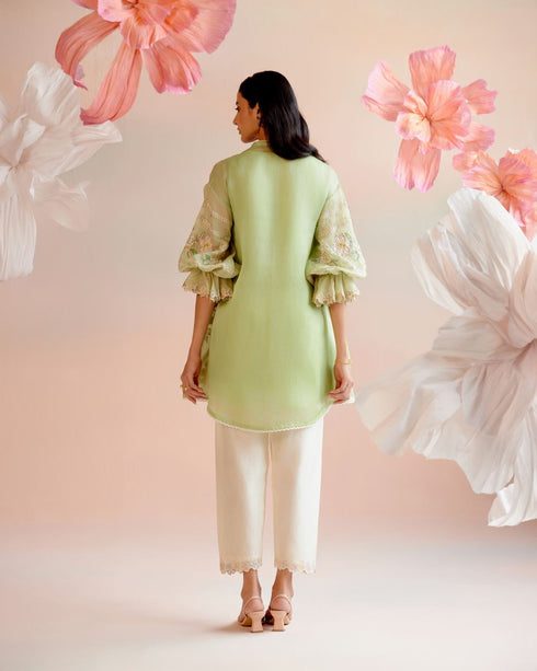Iris mint green contrast paisey embroidered tunic with ivory tulip pants