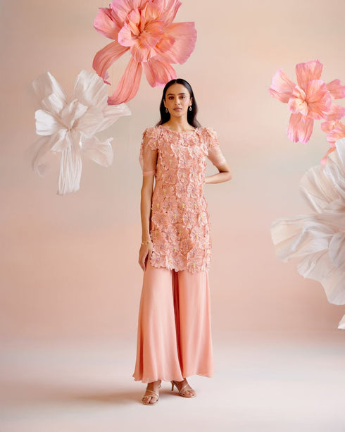 Iris peach daisy 3D applique short kurta with flared Sharara pants