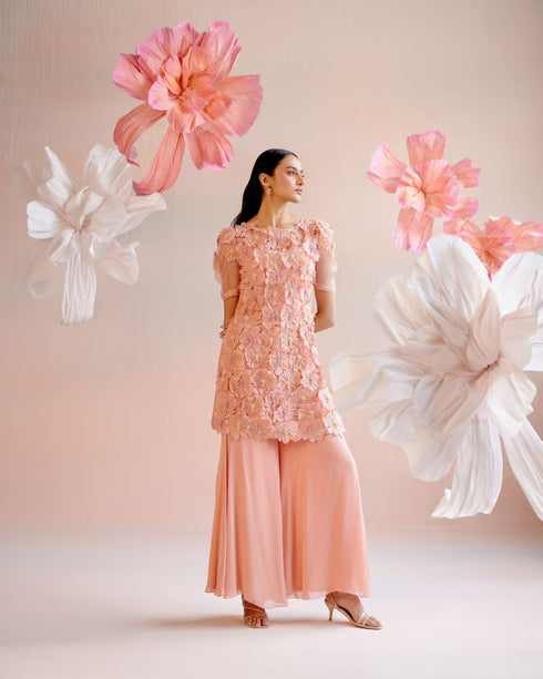 Iris peach daisy 3D applique short kurta with flared Sharara pants