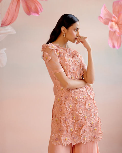 Iris peach daisy 3D applique short kurta with flared Sharara pants