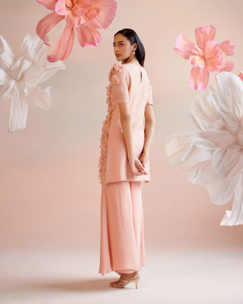 Iris peach daisy 3D applique short kurta with flared Sharara pants