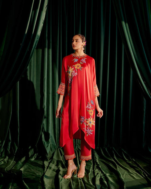 Iris red floral beadwork kimono kurta with narrow pants