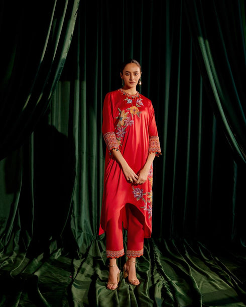 Iris red floral beadwork kimono kurta with narrow pants