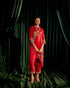 Iris red floral beadwork kimono kurta with narrow pants