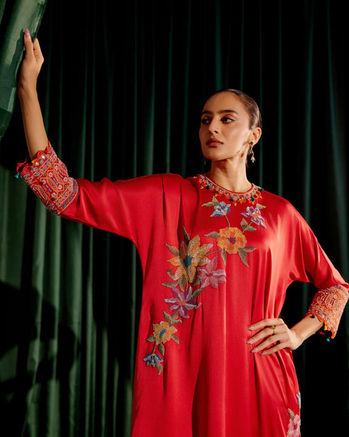 Iris red floral beadwork kimono kurta with narrow pants