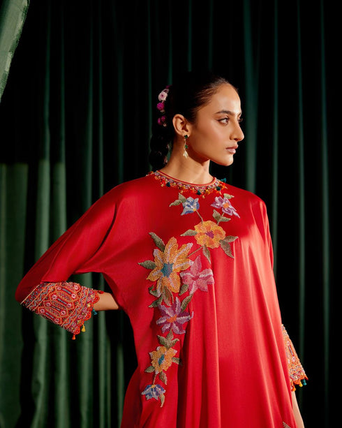 Iris red floral beadwork kimono kurta with narrow pants