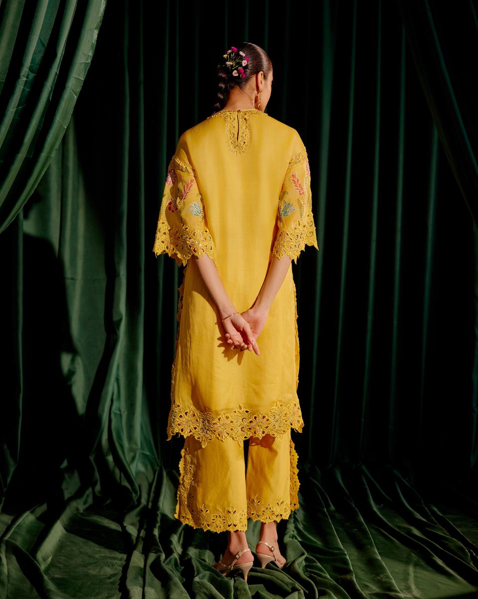 Florae🌼| Mustard Yellow Cutwork Embroidered Coordset with Tie-Front Kurta