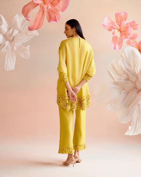 Iris yellow multi tonal cutwork kimono tunic with pants
