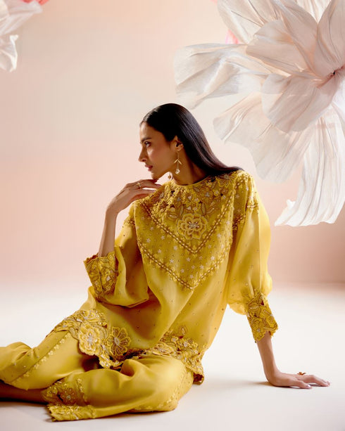 Iris yellow multi tonal cutwork kimono tunic with pants
