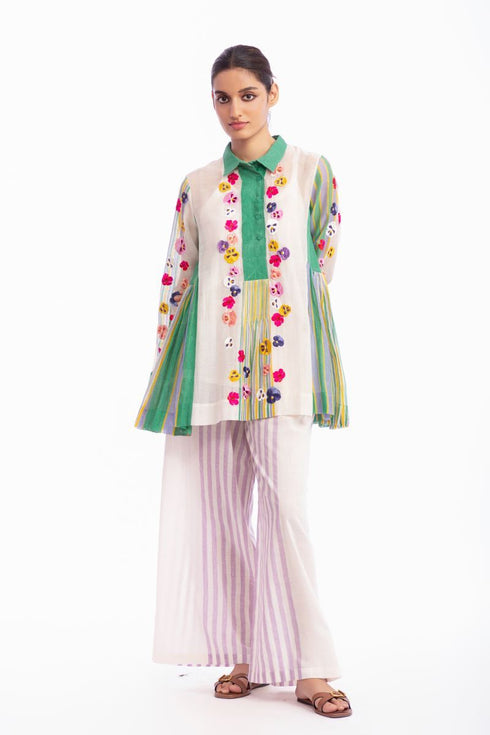 Ivory and green floral embroidered top