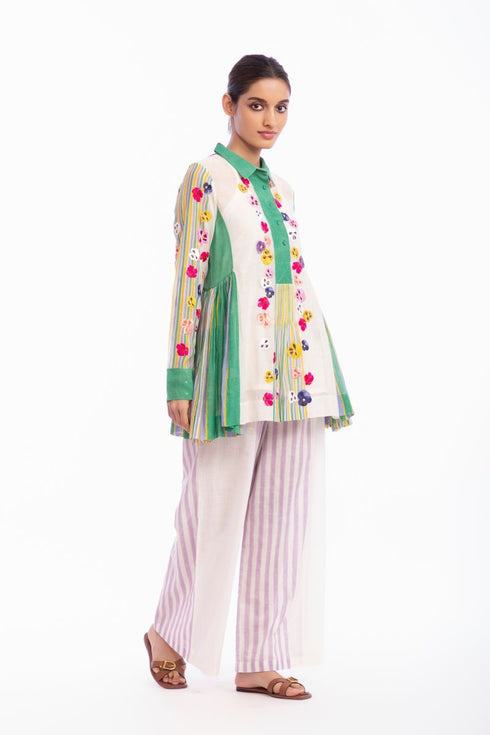 Ivory and green floral embroidered top