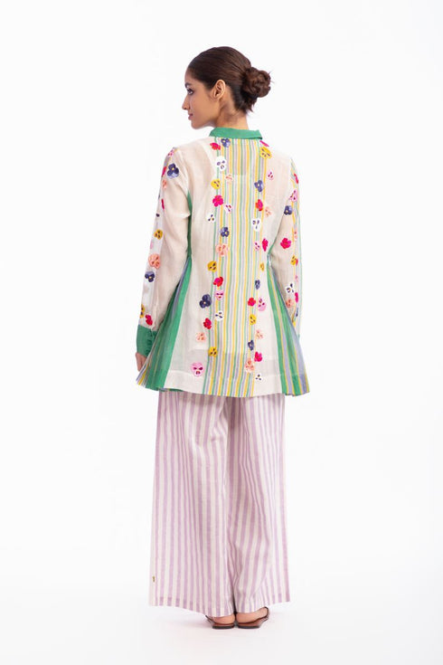 Ivory and green floral embroidered top