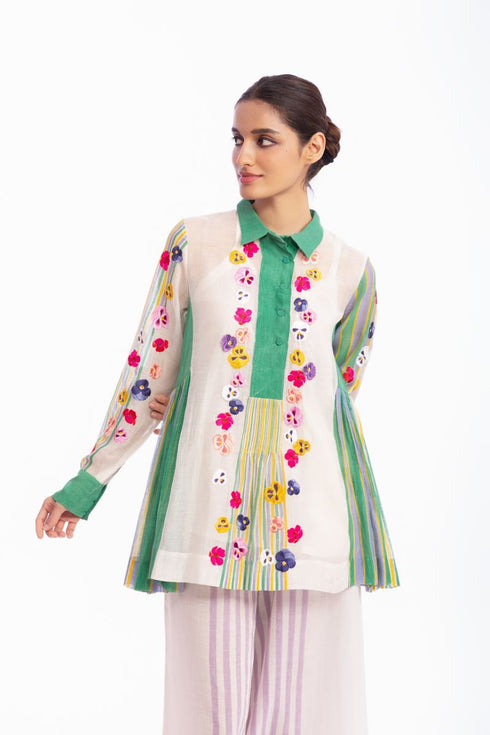 Ivory and green floral embroidered top