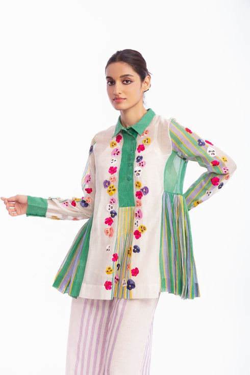 Ivory and green floral embroidered top