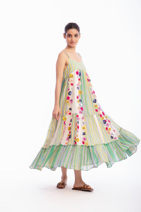 Ivory and green floral striped dress