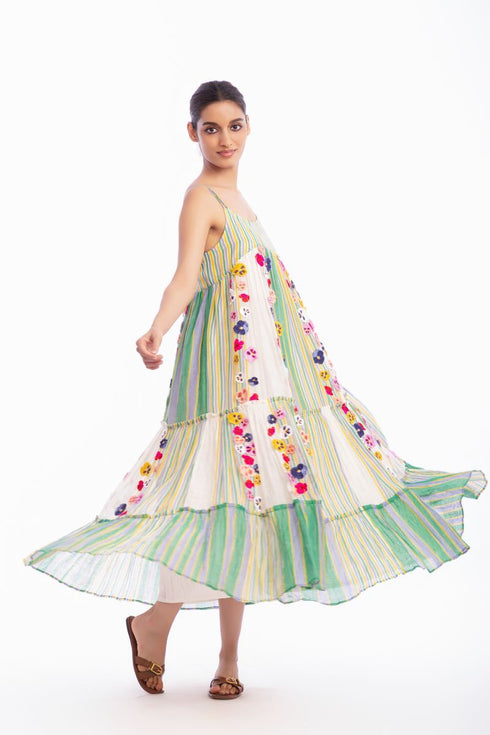 Ivory and green floral striped dress