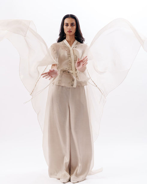 Ivory chikankari cape with slip top and trouser
