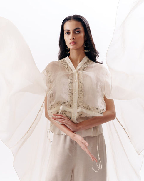 Ivory chikankari cape with slip top and trouser