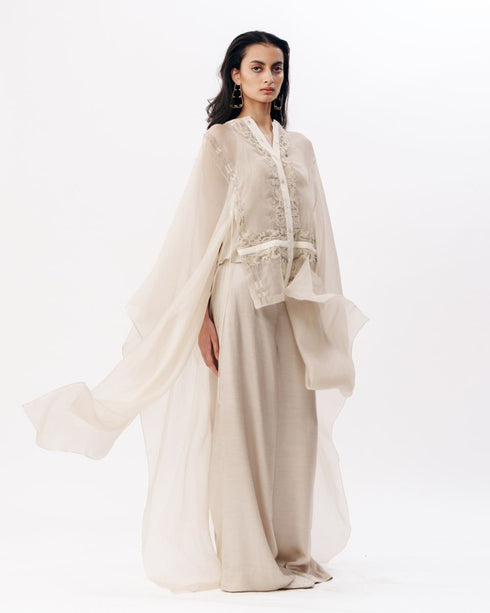 Ivory chikankari cape with slip top and trouser