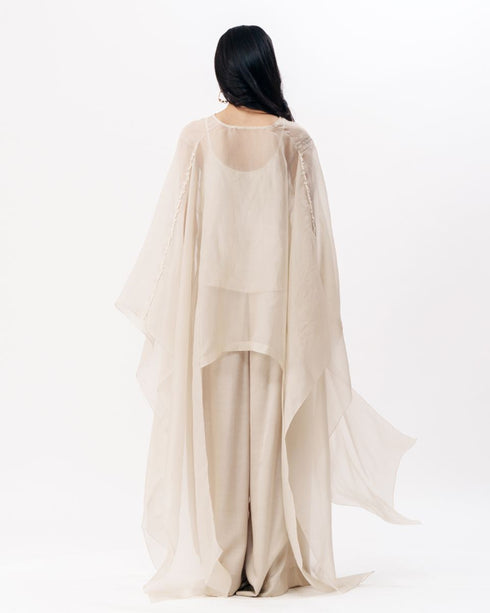Ivory chikankari cape with slip top and trouser