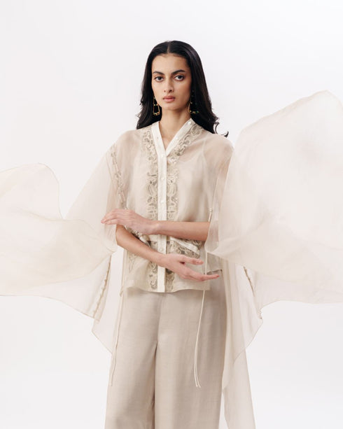 Ivory chikankari cape with slip top and trouser