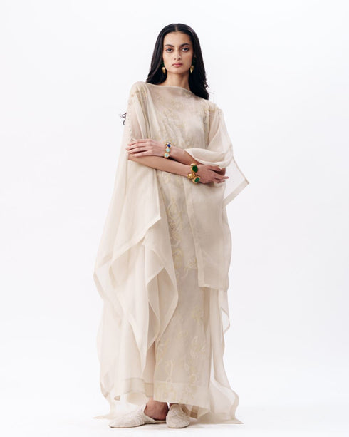 Ivory chikankari kaftan dress with slip