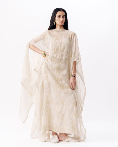 Ivory chikankari kaftan dress with slip
