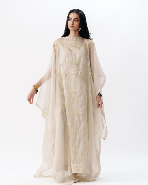 Ivory chikankari kaftan dress with slip