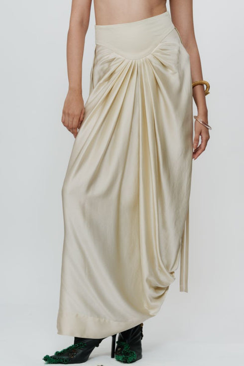 Ivory draped knotted skirt with cord waist