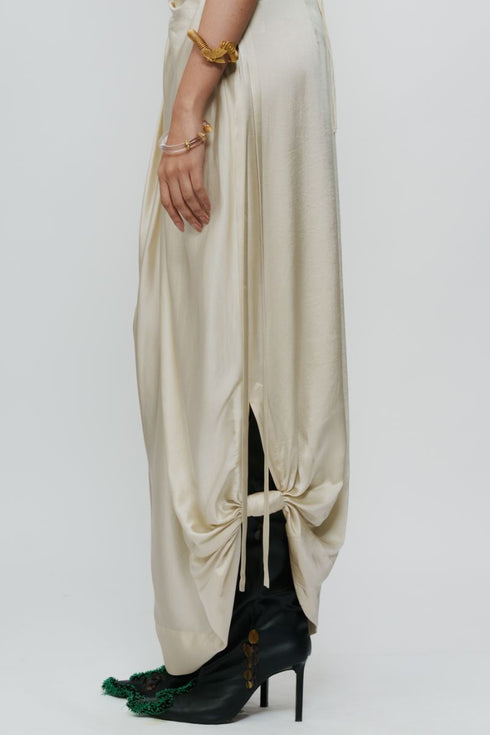 Ivory draped knotted skirt with cord waist