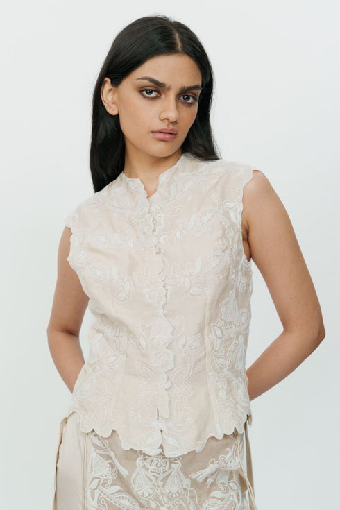 Ivory lace chikankari waistcoat