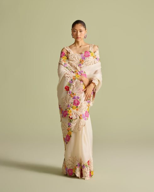 Ivory multicolor floral embroidered sari