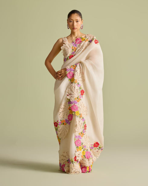 Ivory multicolor floral embroidered sari