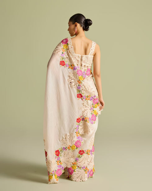 Ivory multicolor floral embroidered sari