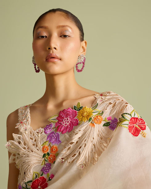 Ivory multicolor floral embroidered sari