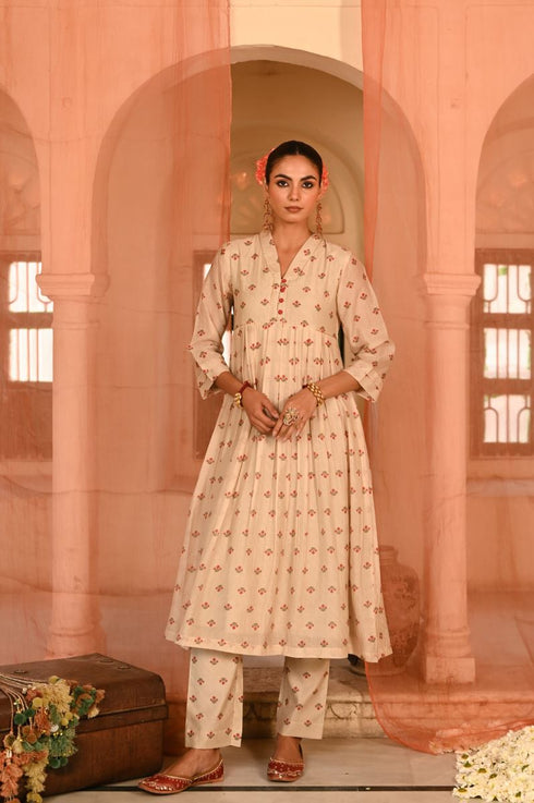 Jalmahal beige and red kurta set