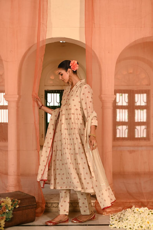Jalmahal beige and red kurta set
