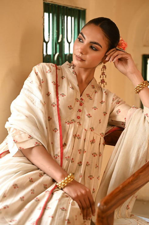 Jalmahal beige and red kurta set