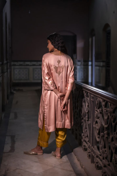 Jalshaghar dusty pink shahi kaftan with yellow pants