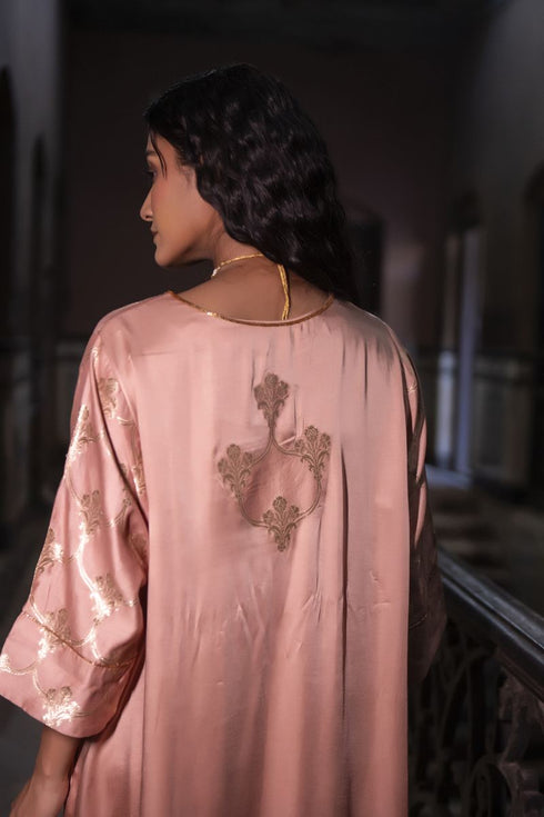 Jalshaghar dusty pink shahi kaftan with yellow pants